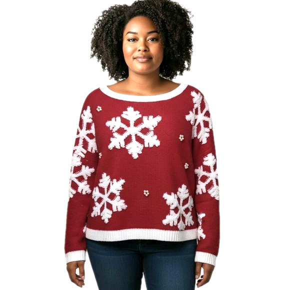 33 Degrees Ugly Christmas Sweater Womens Size XXL Red White Snowflakes NEW NWT - Picture 1 of 15
